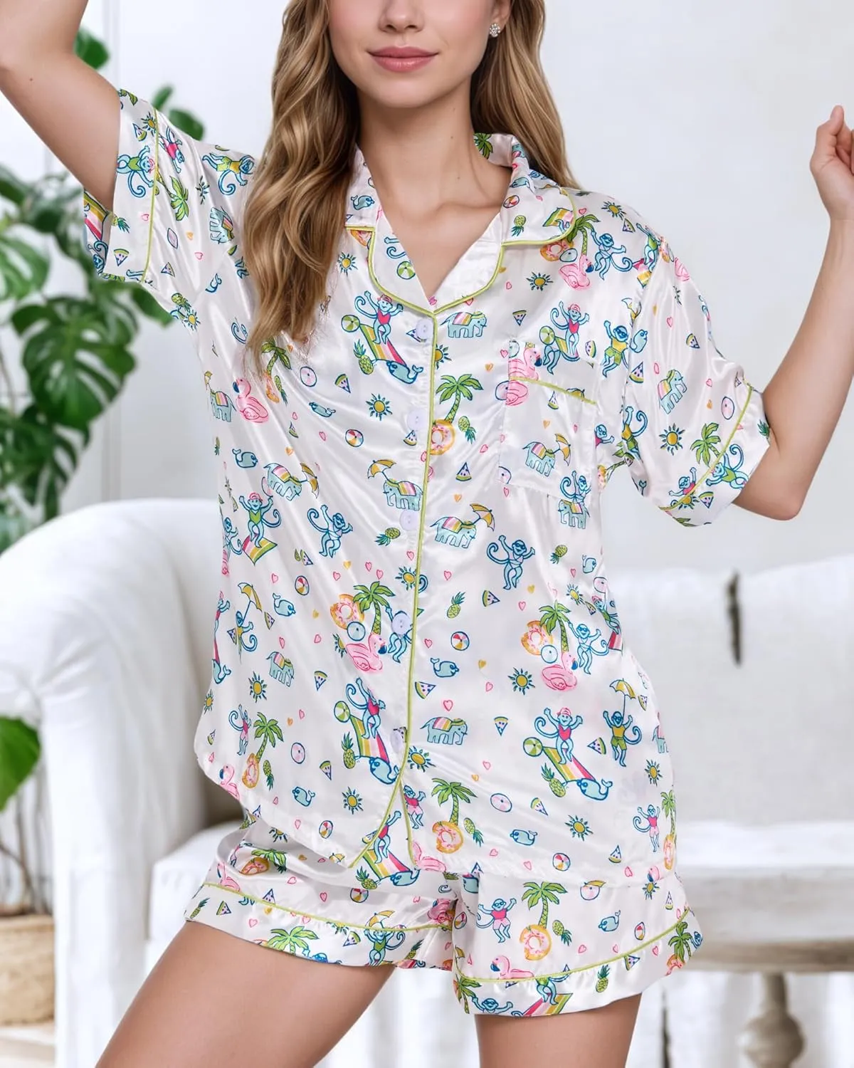 Women Y2k Pajamas Set Silk Satin Short Sleeve Button Down Top and Shorts Monkey Sleepwear Preppy Bridal Loungewear