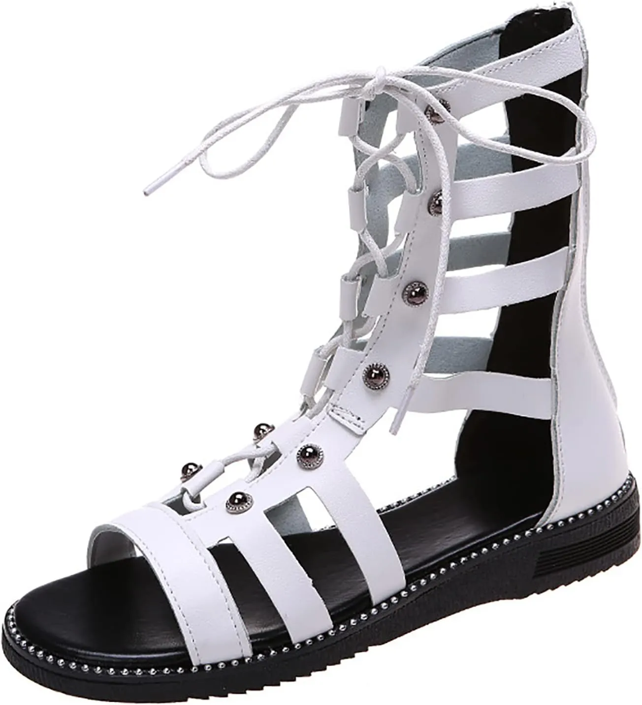Women's Cargo Orthopedic Lace Up Roman Studded Gladiator Sandals,Fashion Rhinestone Comfy Flats Breathable Ankle Strappy Zipper Outdoor Dressy Sandals Beach Shoes