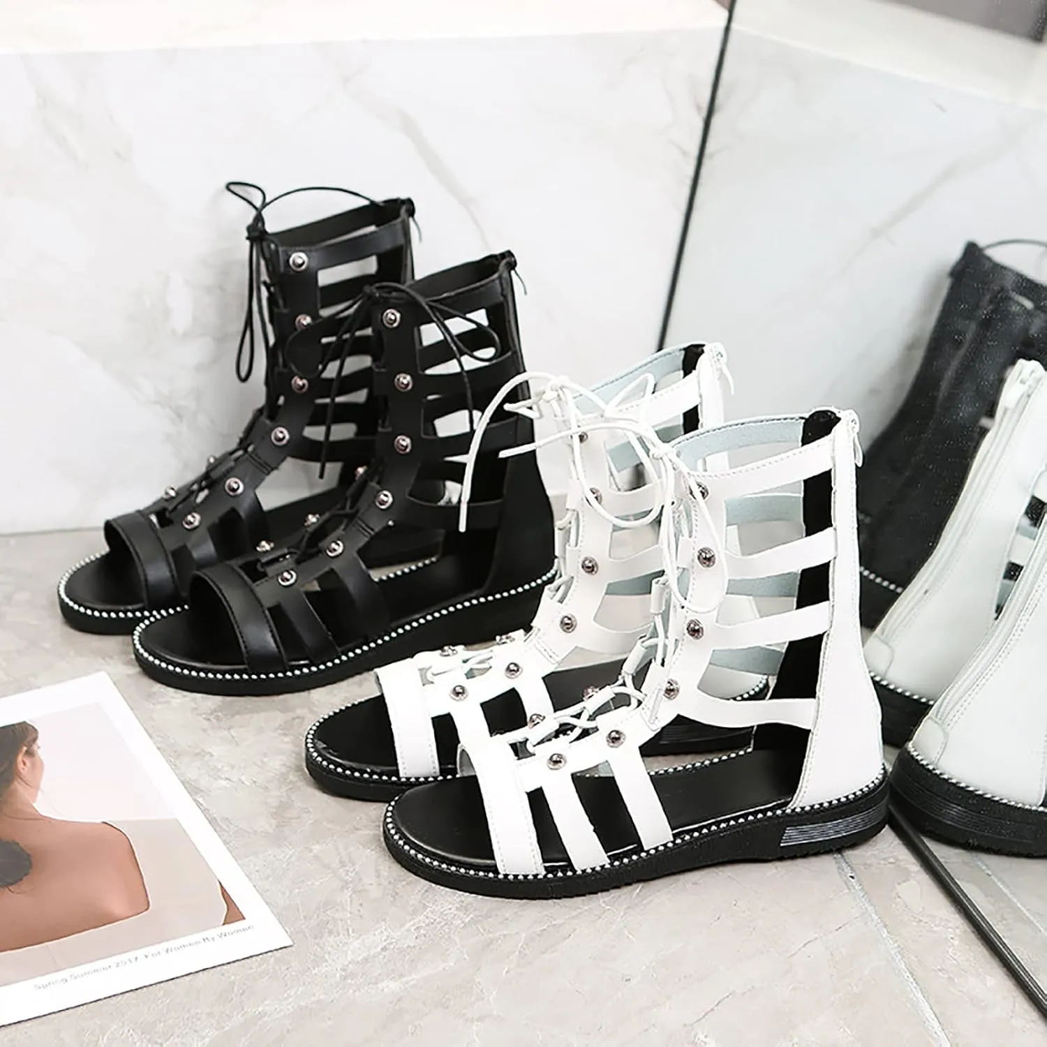 Women's Cargo Orthopedic Lace Up Roman Studded Gladiator Sandals,Fashion Rhinestone Comfy Flats Breathable Ankle Strappy Zipper Outdoor Dressy Sandals Beach Shoes