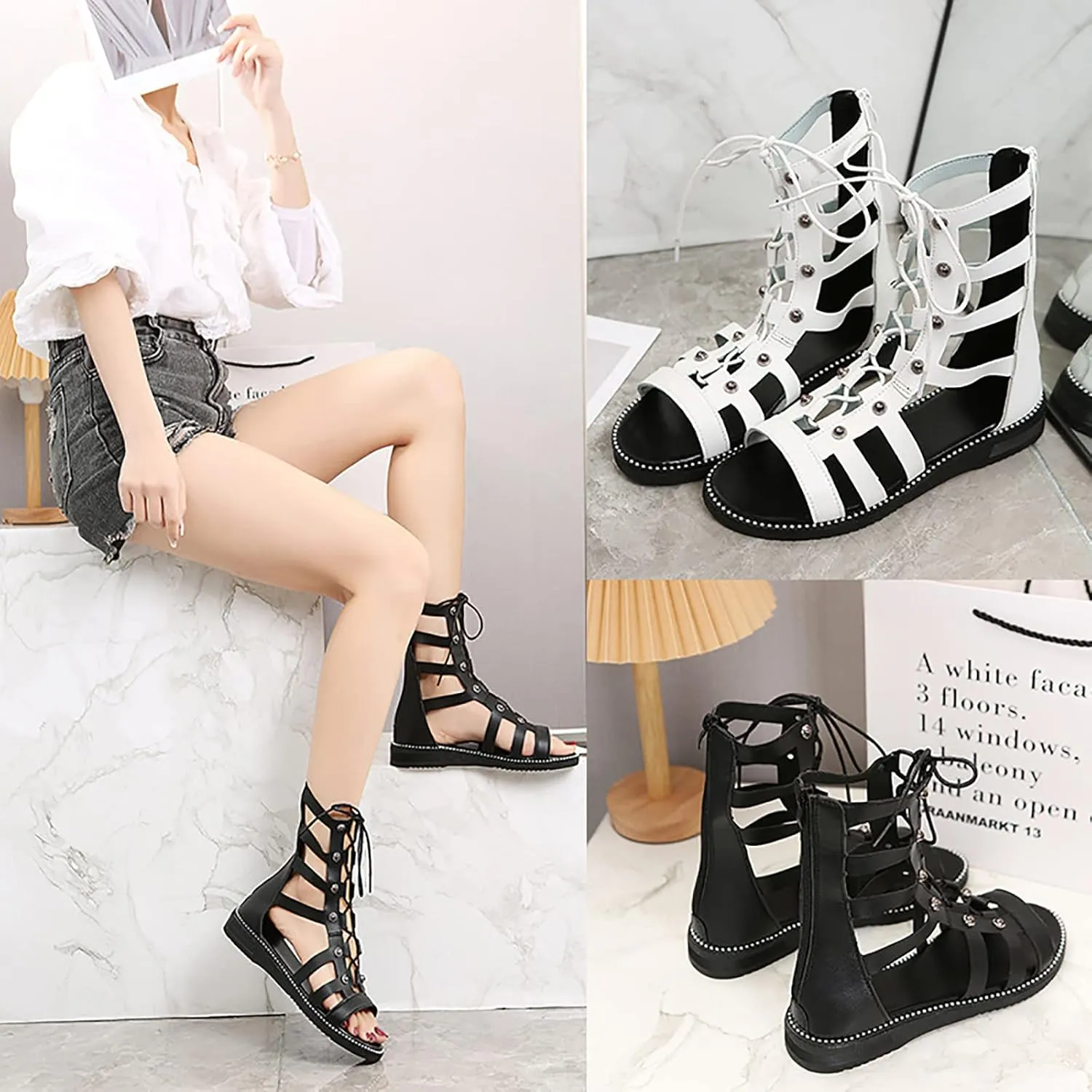 Women's Cargo Orthopedic Lace Up Roman Studded Gladiator Sandals,Fashion Rhinestone Comfy Flats Breathable Ankle Strappy Zipper Outdoor Dressy Sandals Beach Shoes