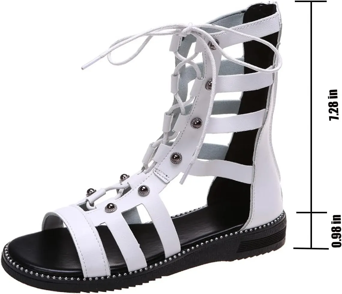 Women's Cargo Orthopedic Lace Up Roman Studded Gladiator Sandals,Fashion Rhinestone Comfy Flats Breathable Ankle Strappy Zipper Outdoor Dressy Sandals Beach Shoes