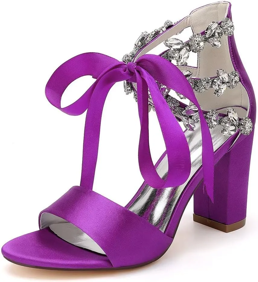 Women's Chunky Block Sandals for Wedding 2025 Open Toe Rhinestone Satin Dressy Pump Bridal Shoes with Ribbon