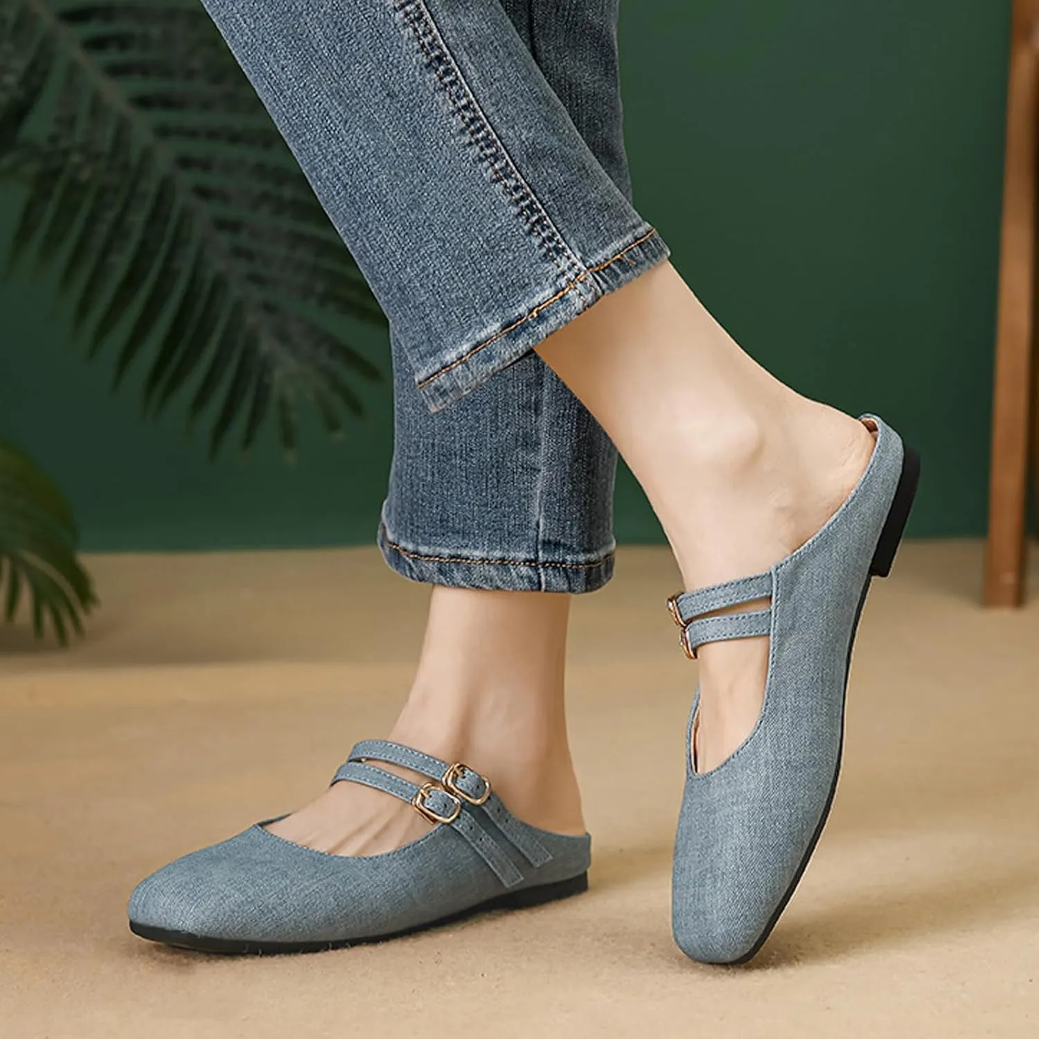 Women's Closed Toe Slip-on Mules Shoes,Comfort Backless Mary Jane Shoes Double Buckle Breathable Slingback Walking Flat Slide Sandals