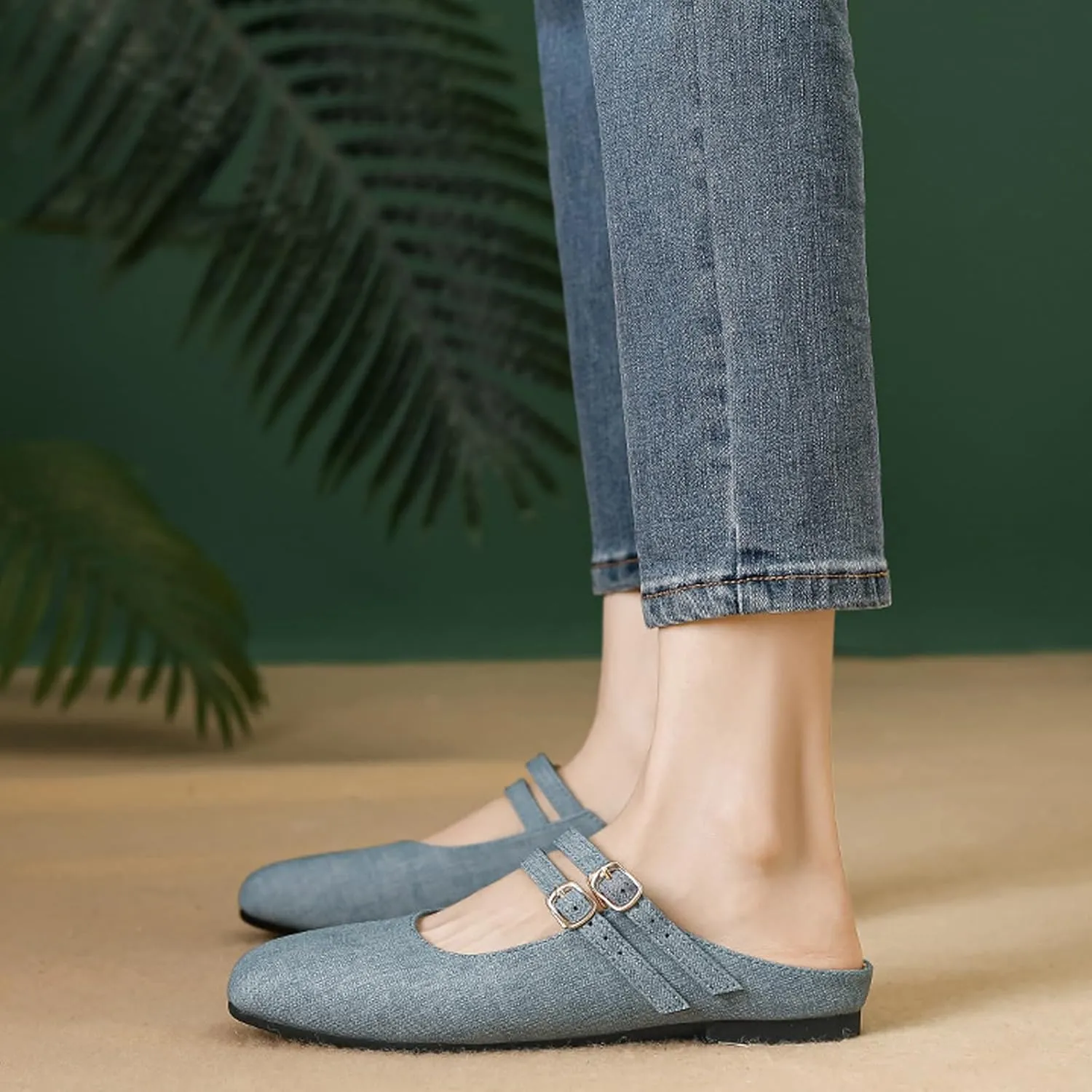 Women's Closed Toe Slip-on Mules Shoes,Comfort Backless Mary Jane Shoes Double Buckle Breathable Slingback Walking Flat Slide Sandals