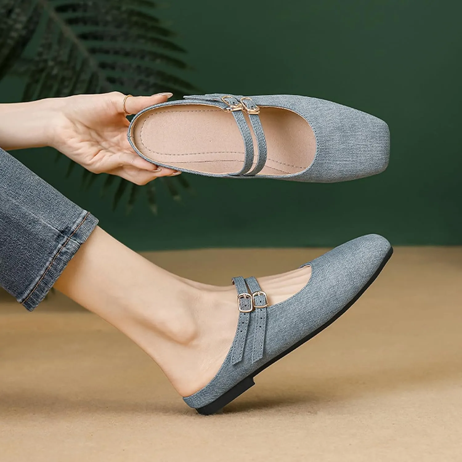 Women's Closed Toe Slip-on Mules Shoes,Comfort Backless Mary Jane Shoes Double Buckle Breathable Slingback Walking Flat Slide Sandals