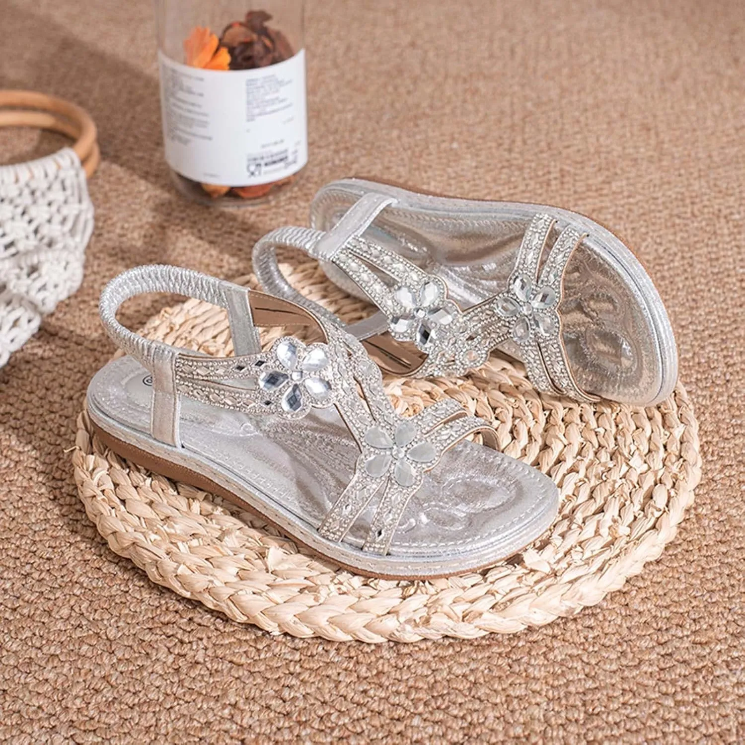 Women's Comfortable Vacation Sandals Casual Summer Comfortable Walking Shoes Rhinestone Decorative Sandals