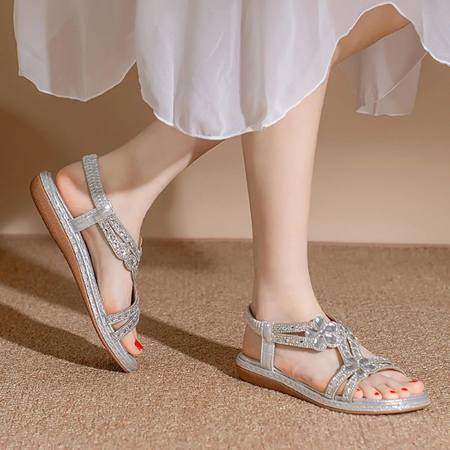 Women's Comfortable Vacation Sandals Casual Summer Comfortable Walking Shoes Rhinestone Decorative Sandals