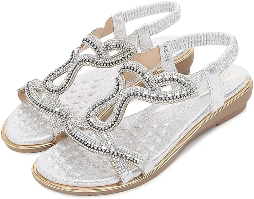 Women's Flat Sandals Summer Beach Sandal T-Strap Rhinestone Beaded Bohemia Shoes