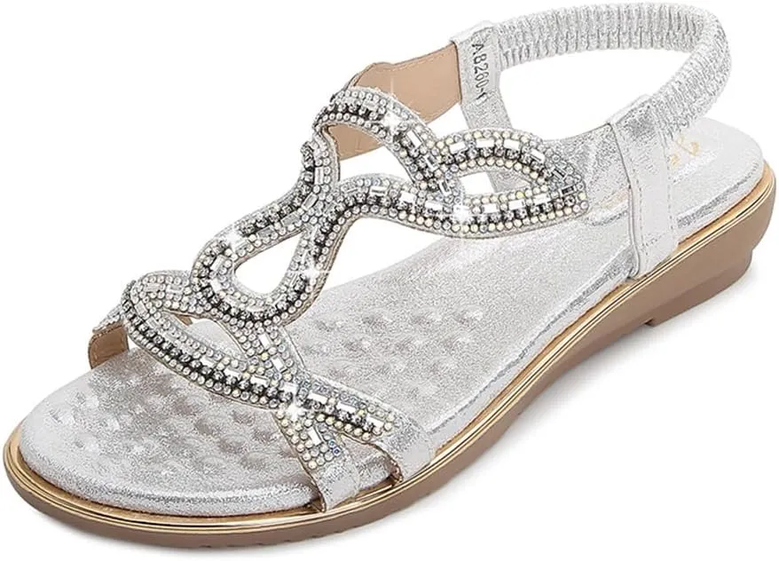 Women's Flat Sandals Summer Beach Sandal T-Strap Rhinestone Beaded Bohemia Shoes
