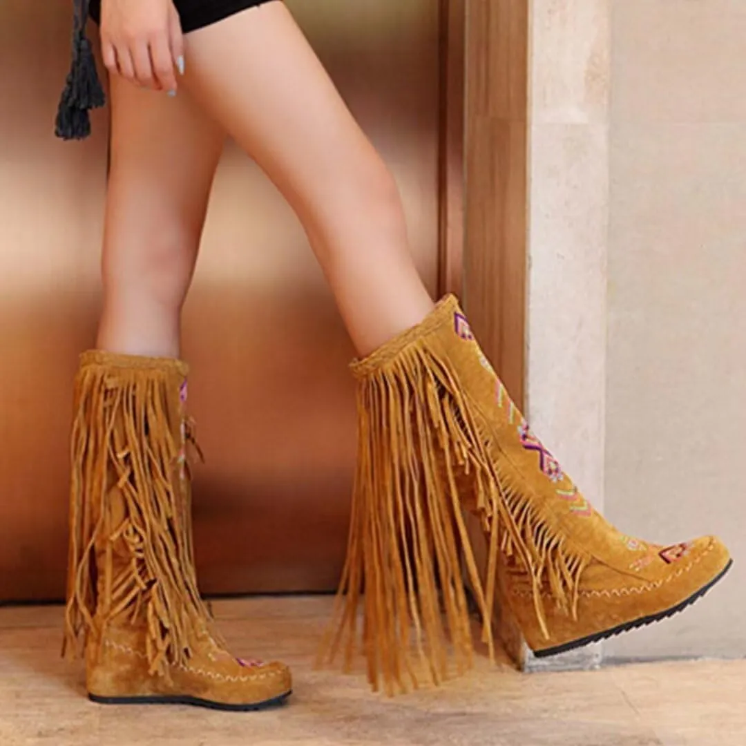 Women's Fringe Western Boots Suede Embroidered Closure Fringe Mid Calf Knee High Flat Boots Long Snow Tassel Boots