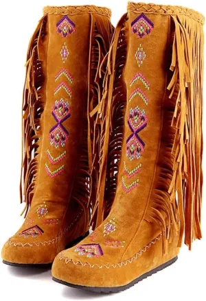 Women's Fringe Western Boots Suede Embroidered Closure Fringe Mid Calf Knee High Flat Boots Long Snow Tassel Boots