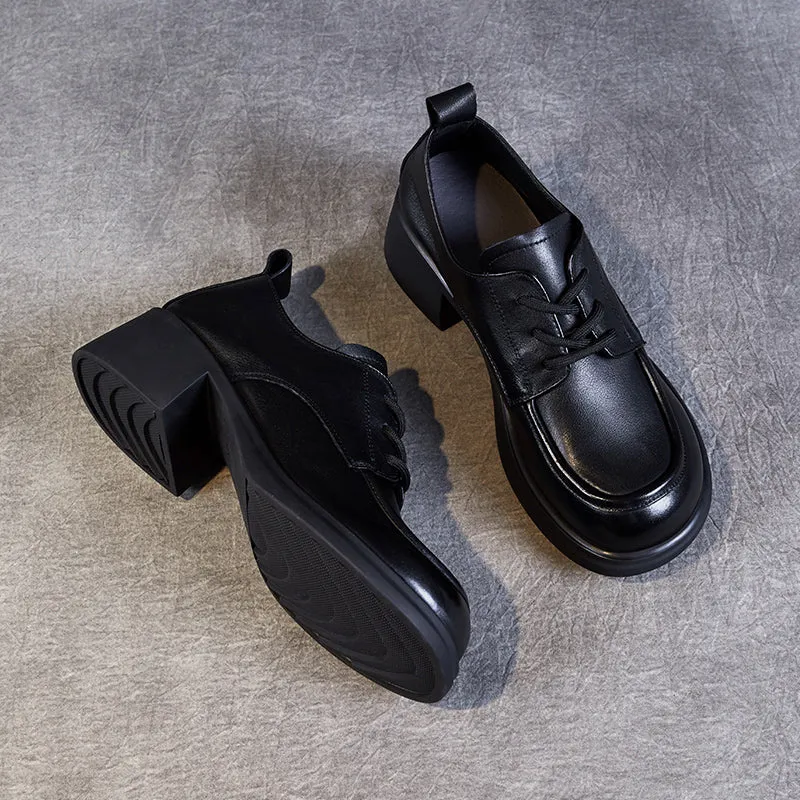 Women's Leather Comfortable Low Heel Block Oxford Shoes