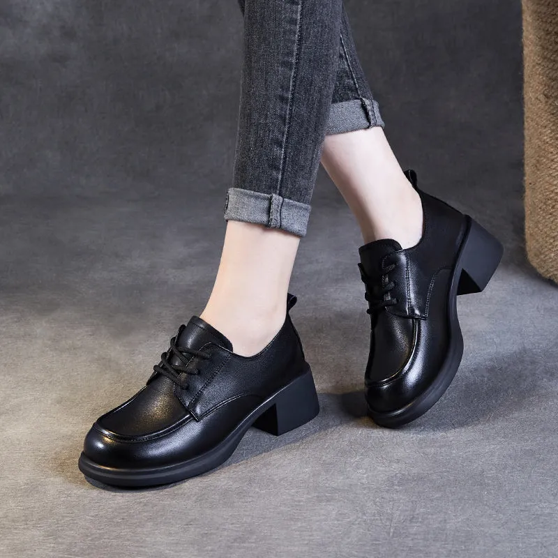 Women's Leather Comfortable Low Heel Block Oxford Shoes