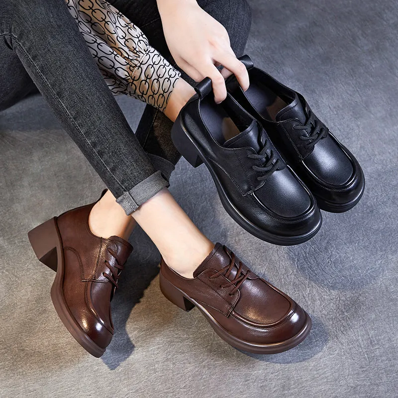 Women's Leather Comfortable Low Heel Block Oxford Shoes