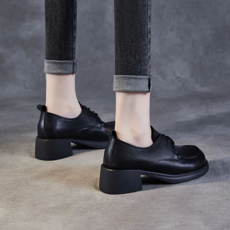 Women's Leather Comfortable Low Heel Block Oxford Shoes