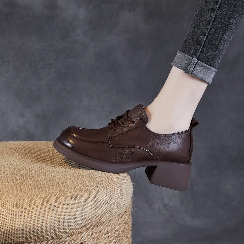 Women's Leather Comfortable Low Heel Block Oxford Shoes