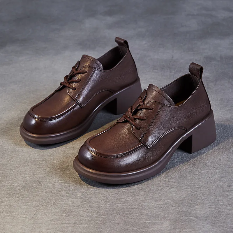 Women's Leather Comfortable Low Heel Block Oxford Shoes