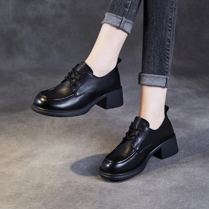 Women's Leather Comfortable Low Heel Block Oxford Shoes