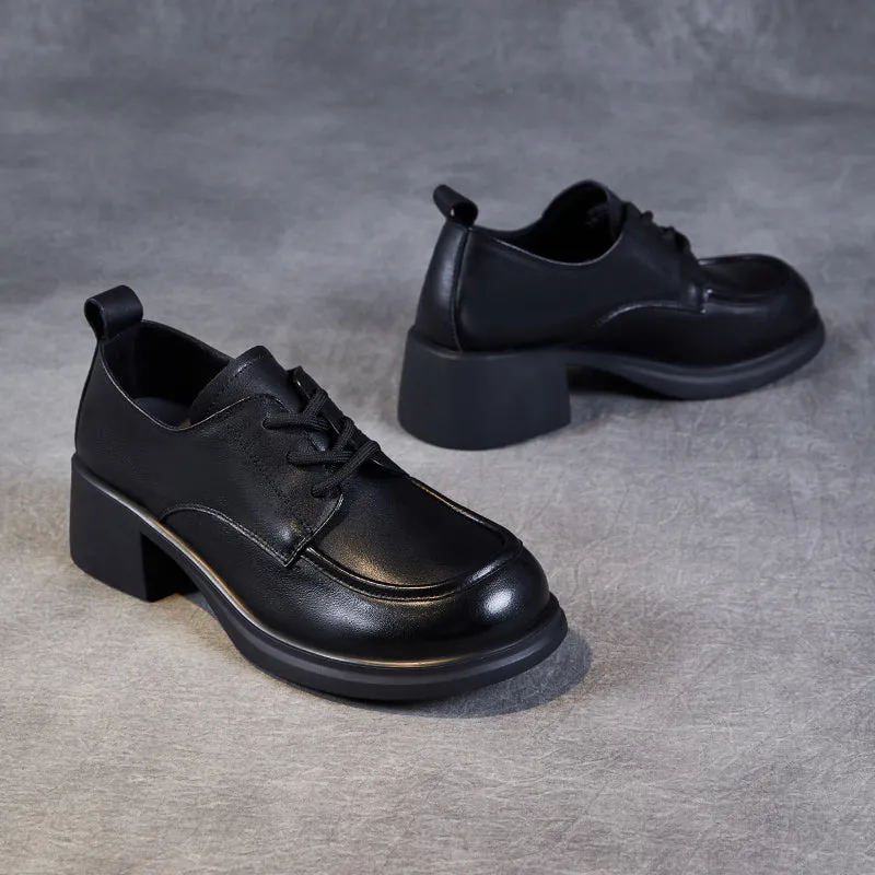 Women's Leather Comfortable Low Heel Block Oxford Shoes