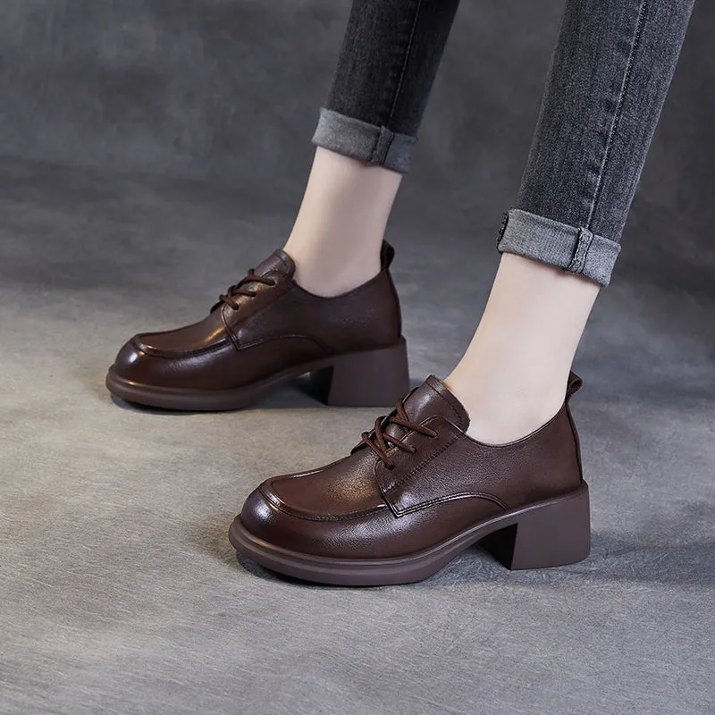 Women's Leather Comfortable Low Heel Block Oxford Shoes