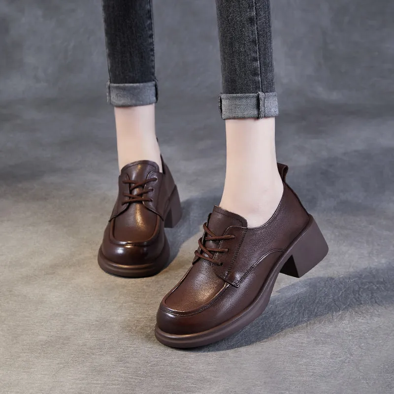 Women's Leather Comfortable Low Heel Block Oxford Shoes
