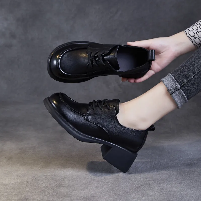 Women's Leather Comfortable Low Heel Block Oxford Shoes
