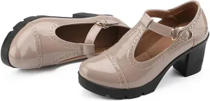 Women's Leather T-Strap Chunky Heel Mary Janes Shoes Classic Round Toe Buckle Mid Block Heel Oxford Pumps for Office Parties Dress Shoes