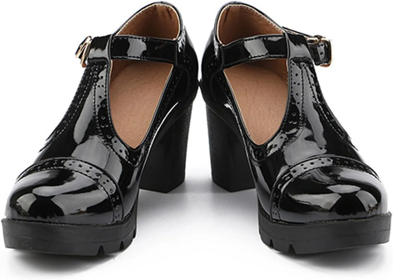 Women's Leather T-Strap Chunky Heel Mary Janes Shoes Classic Round Toe Buckle Mid Block Heel Oxford Pumps for Office Parties Dress Shoes