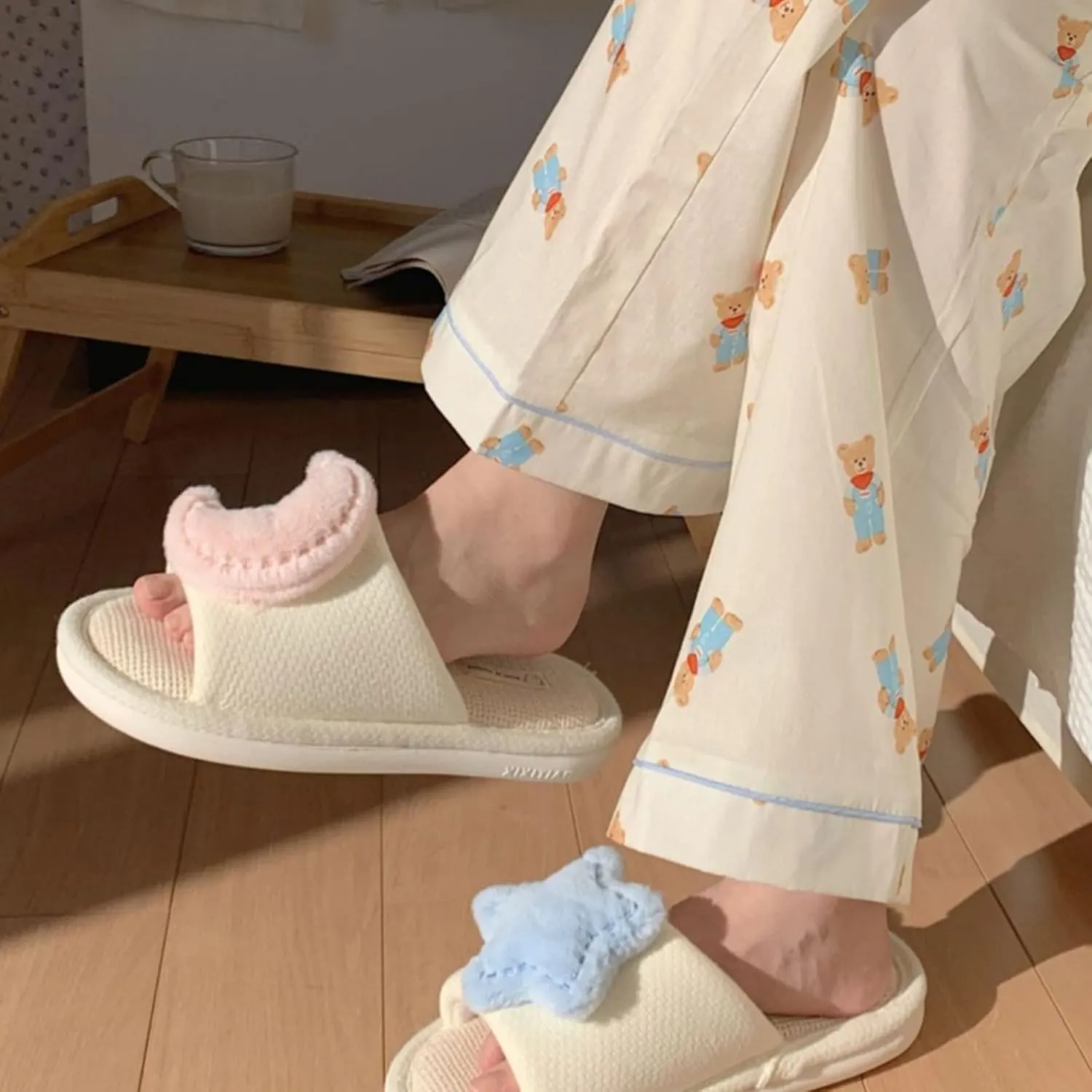 Women's Linen Sewing Cozy Slippers 0.98 Inch Flat Extra Soft Sole Star Moon One Piece Design Casual Indoor Outdoor Shoes for Ladies and Girls Anti Slip Home Flip Flops