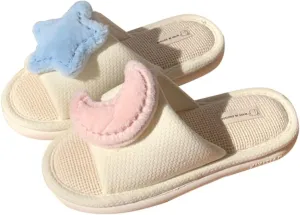 Women's Linen Sewing Cozy Slippers 0.98 Inch Flat Extra Soft Sole Star Moon One Piece Design Casual Indoor Outdoor Shoes for Ladies and Girls Anti Slip Home Flip Flops