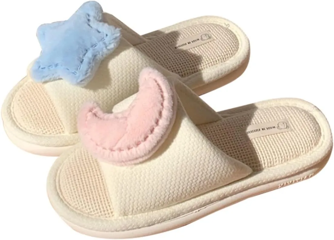 Women's Linen Sewing Cozy Slippers 0.98 Inch Flat Extra Soft Sole Star Moon One Piece Design Casual Indoor Outdoor Shoes for Ladies and Girls Anti Slip Home Flip Flops