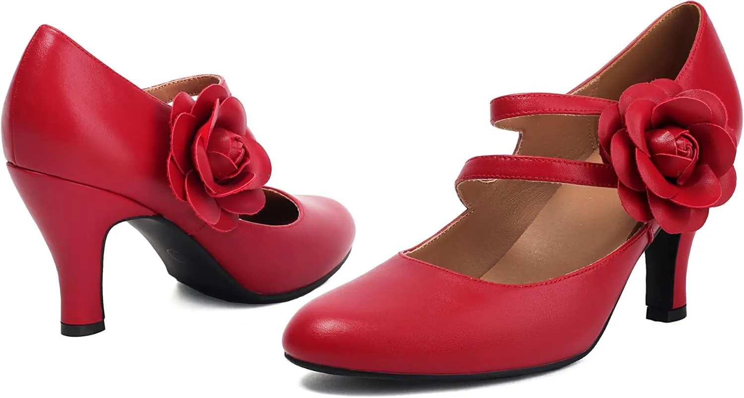 Women's Mary Jane Close Round Toe 1930s Vintage 1950s Heels Flower Double Straps Retro 1920s Victorian Pumps Shoes