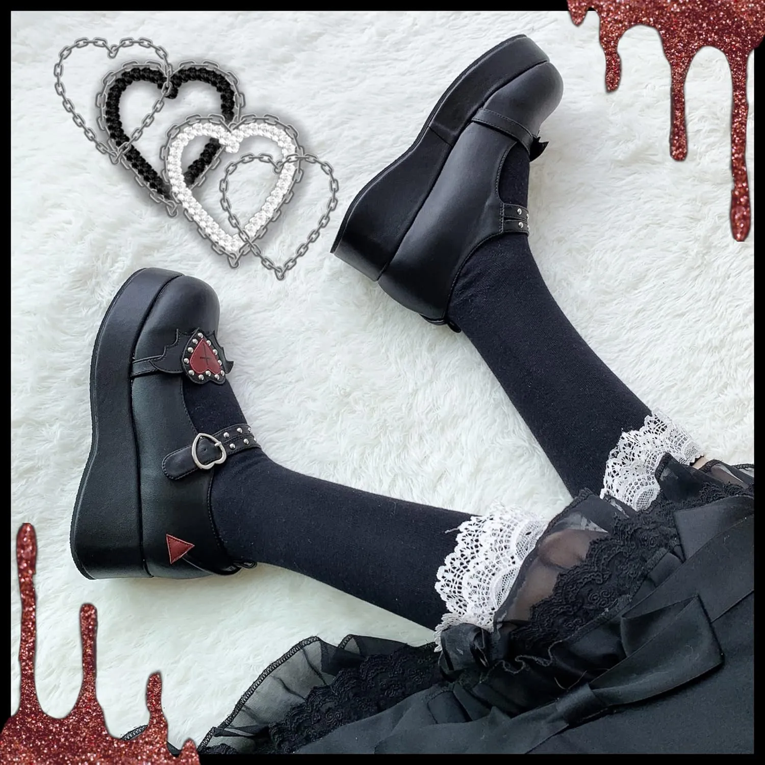 Women's Mary Jane Shoes Lolita Round Toe Block Heels Gothic Sweet Heart Floral Oxfords Ankle T-Strap Platform Dress Shoes Classic Gothic Pumps