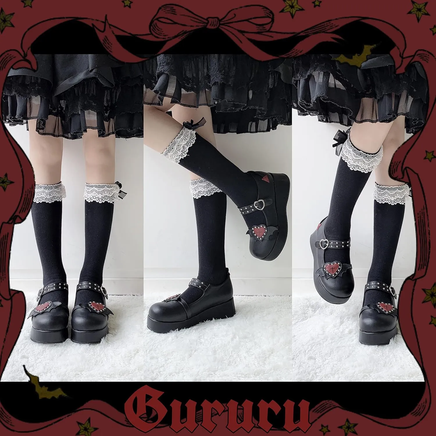 Women's Mary Jane Shoes Lolita Round Toe Block Heels Gothic Sweet Heart Floral Oxfords Ankle T-Strap Platform Dress Shoes Classic Gothic Pumps