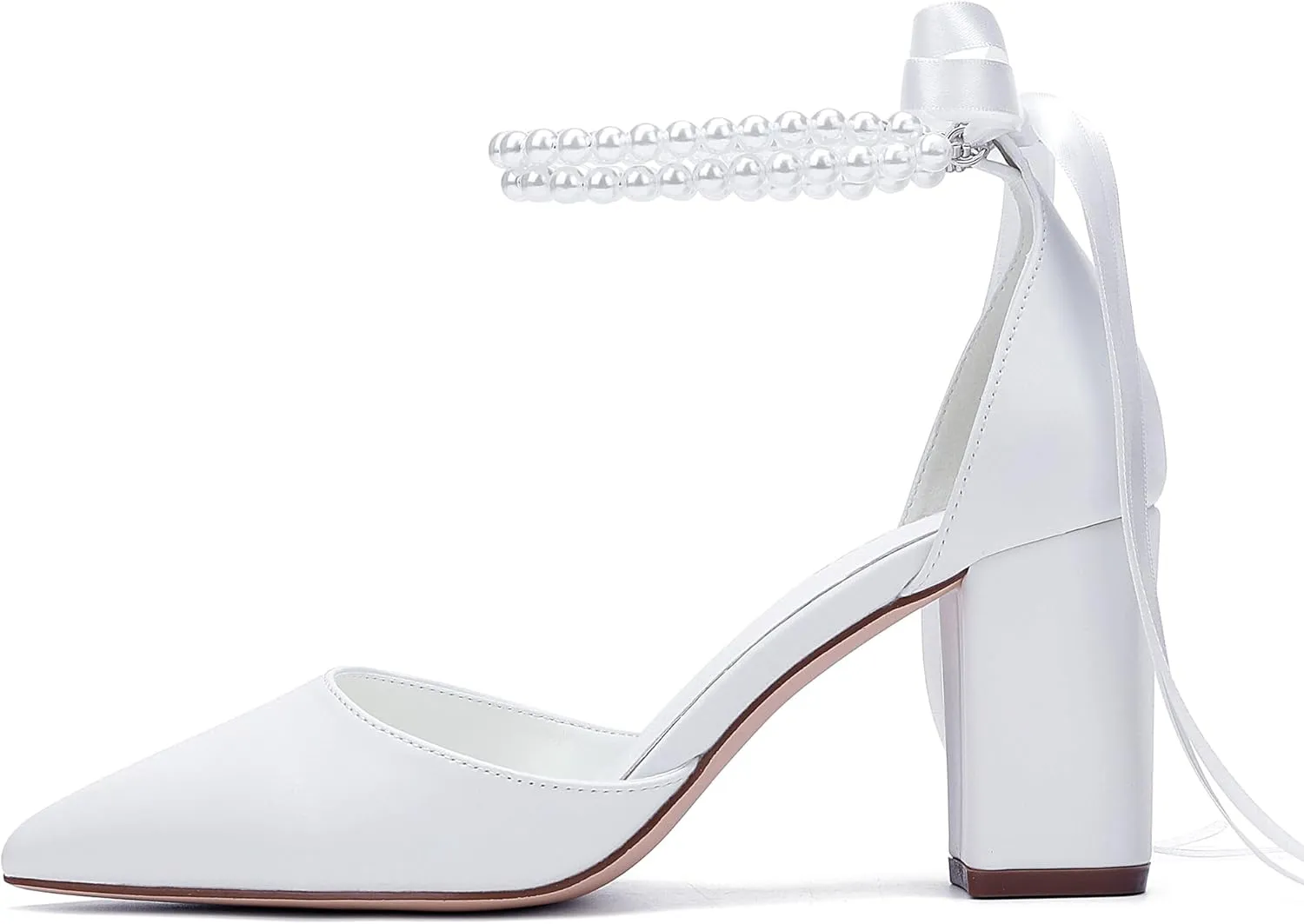 Women's Open Toe Block Heel Pearl Wedding Shoes for Bride Chunky Heeled Sandals Bridal Shoes Pumps