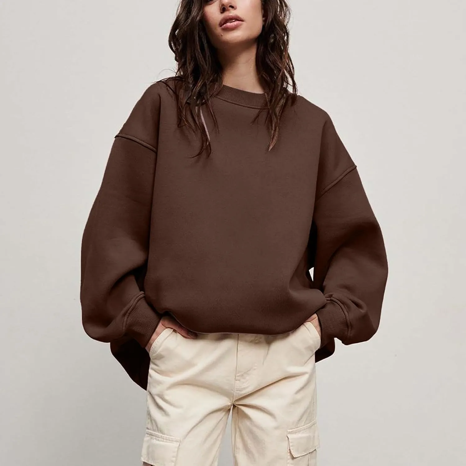 Women's Oversized Long Sleeve Sweatshirts Pure Color Round Neck Casual Pullover Shirt Fashion Going Out Clothes