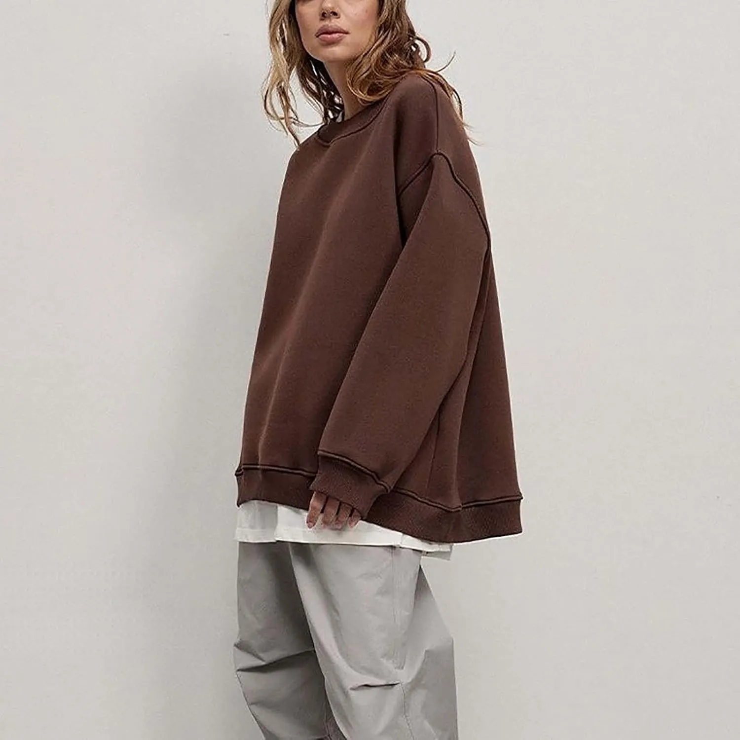 Women's Oversized Long Sleeve Sweatshirts Pure Color Round Neck Casual Pullover Shirt Fashion Going Out Clothes