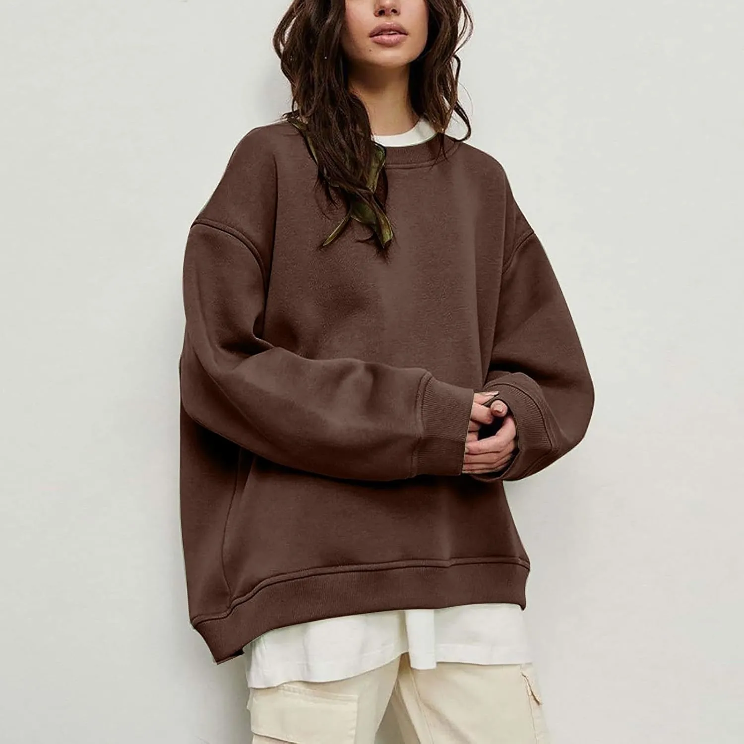 Women's Oversized Long Sleeve Sweatshirts Pure Color Round Neck Casual Pullover Shirt Fashion Going Out Clothes