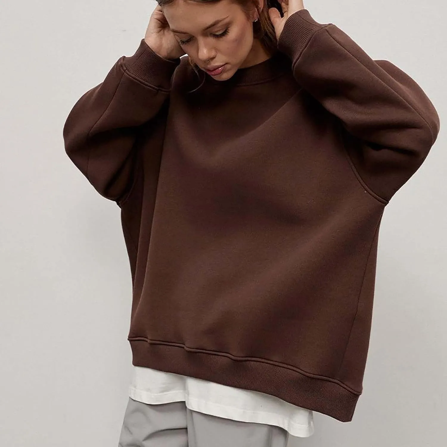 Women's Oversized Long Sleeve Sweatshirts Pure Color Round Neck Casual Pullover Shirt Fashion Going Out Clothes