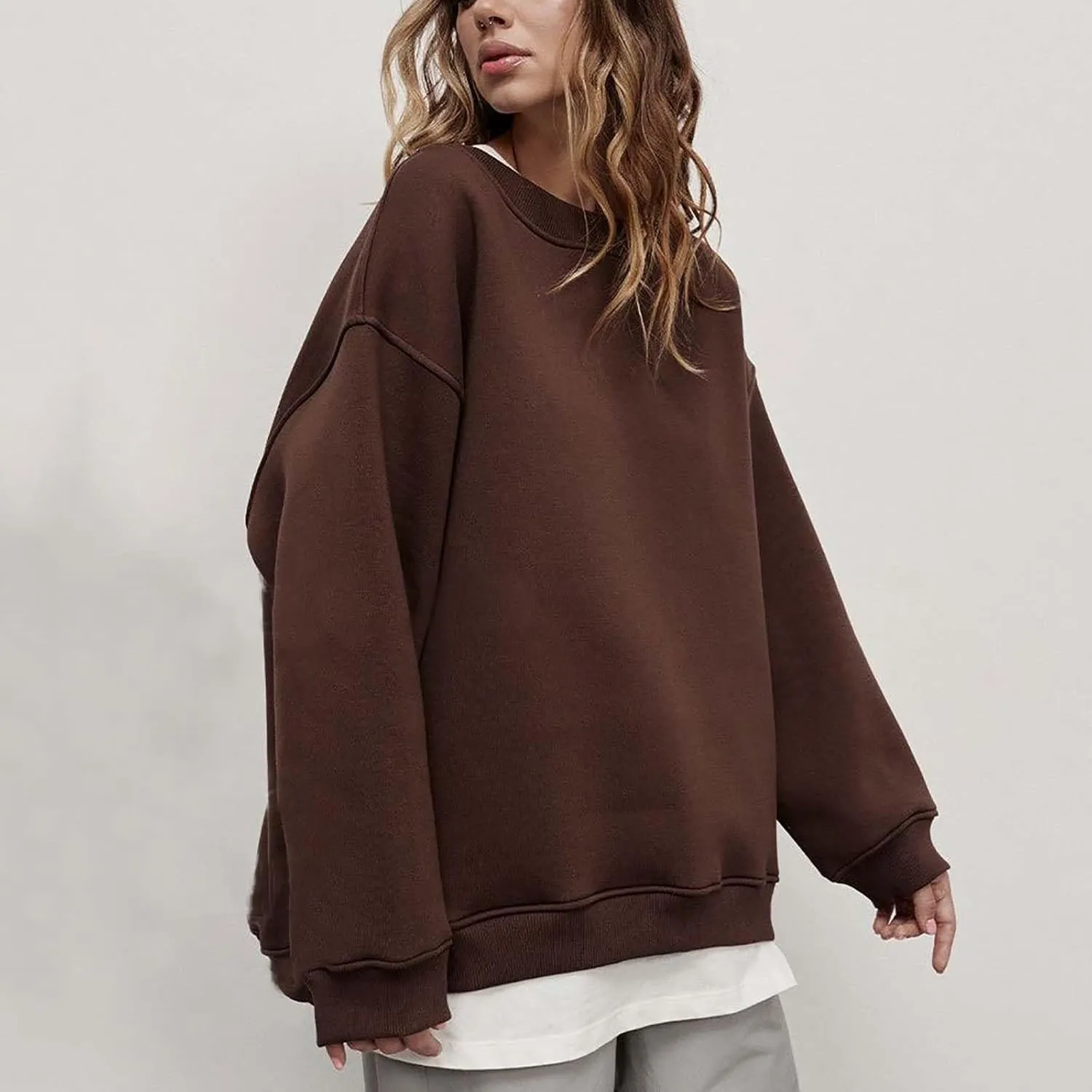 Women's Oversized Long Sleeve Sweatshirts Pure Color Round Neck Casual Pullover Shirt Fashion Going Out Clothes