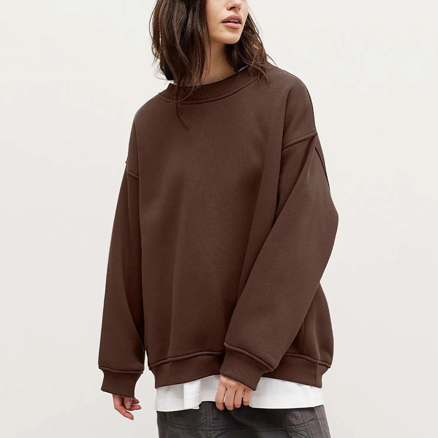 Women's Oversized Long Sleeve Sweatshirts Pure Color Round Neck Casual Pullover Shirt Fashion Going Out Clothes