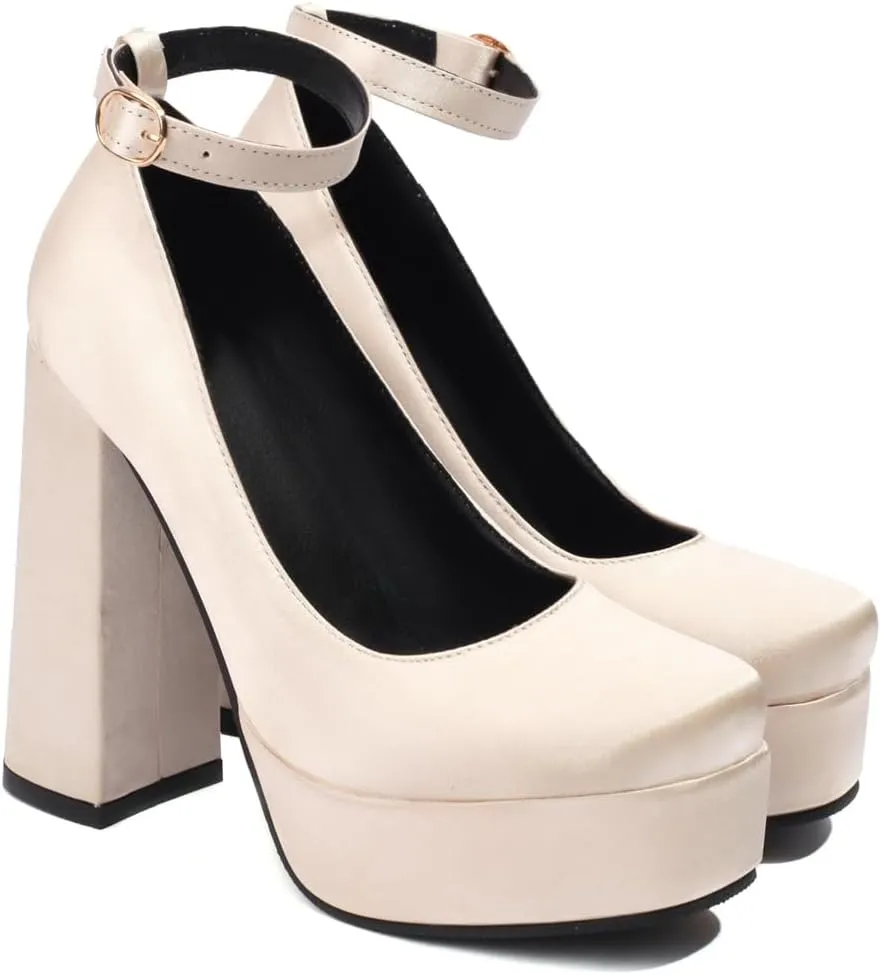 Women's Platform Chunky High Heels Pumps Shoes Square Toe Ankle Strap Elegant Mary Jane Dress Shoe