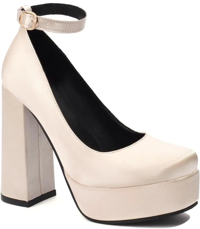 Women's Platform Chunky High Heels Pumps Shoes Square Toe Ankle Strap Elegant Mary Jane Dress Shoe