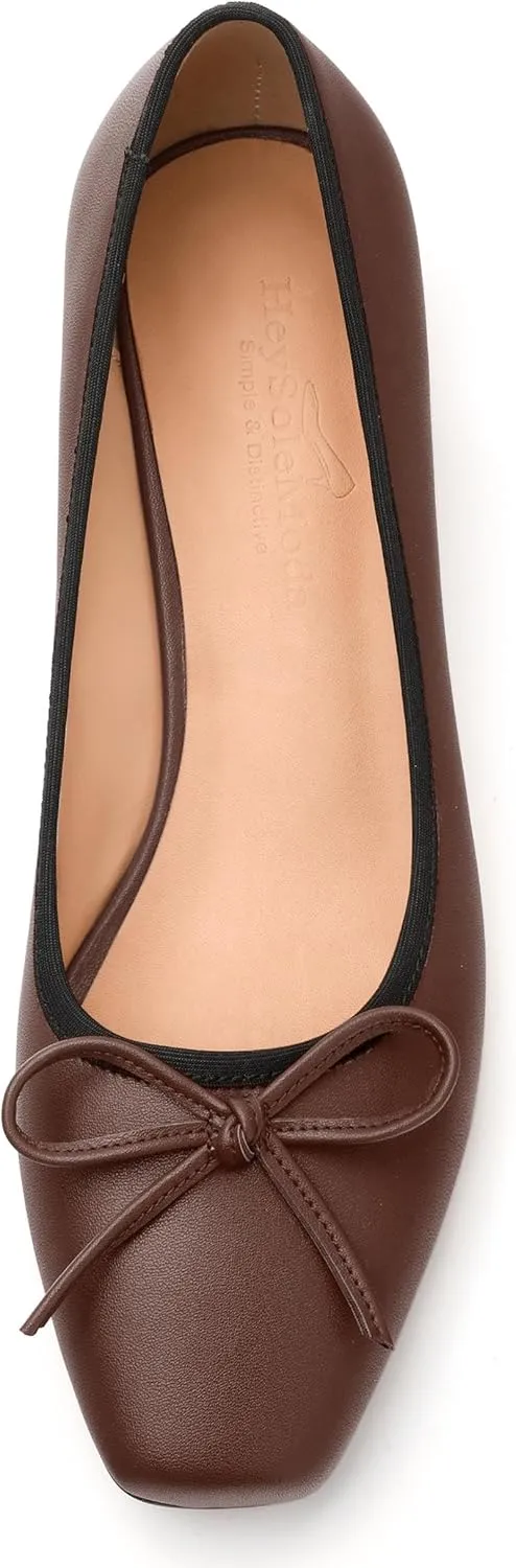 Womens Pumps, Square Toe Low Block Heel Pumps for Women, Leather Insole Comfort Daily Pump Shoes with Bow Tie 1.3"