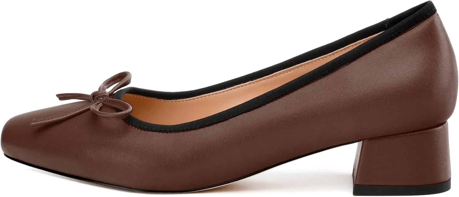 Womens Pumps, Square Toe Low Block Heel Pumps for Women, Leather Insole Comfort Daily Pump Shoes with Bow Tie 1.3"