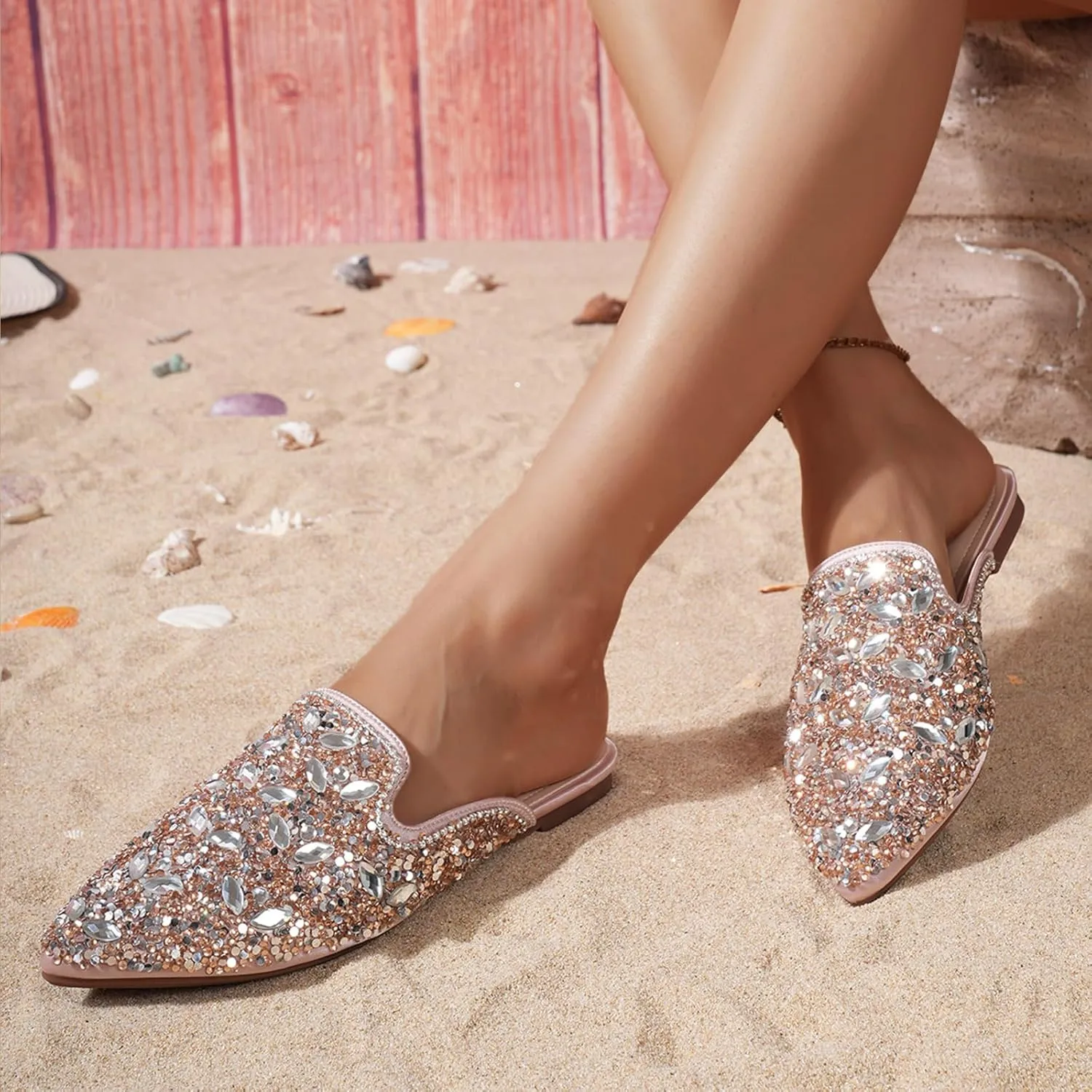 Women's Rhinestone Pointed Toe Flat Mules Soft Memory Foam Insole Backless Slip On Glitter Slides Loafer Dress Clogs Flats