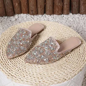 Women's Rhinestone Pointed Toe Flat Mules Soft Memory Foam Insole Backless Slip On Glitter Slides Loafer Dress Clogs Flats