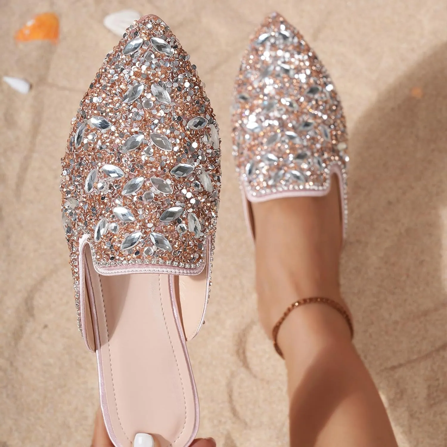 Women's Rhinestone Pointed Toe Flat Mules Soft Memory Foam Insole Backless Slip On Glitter Slides Loafer Dress Clogs Flats