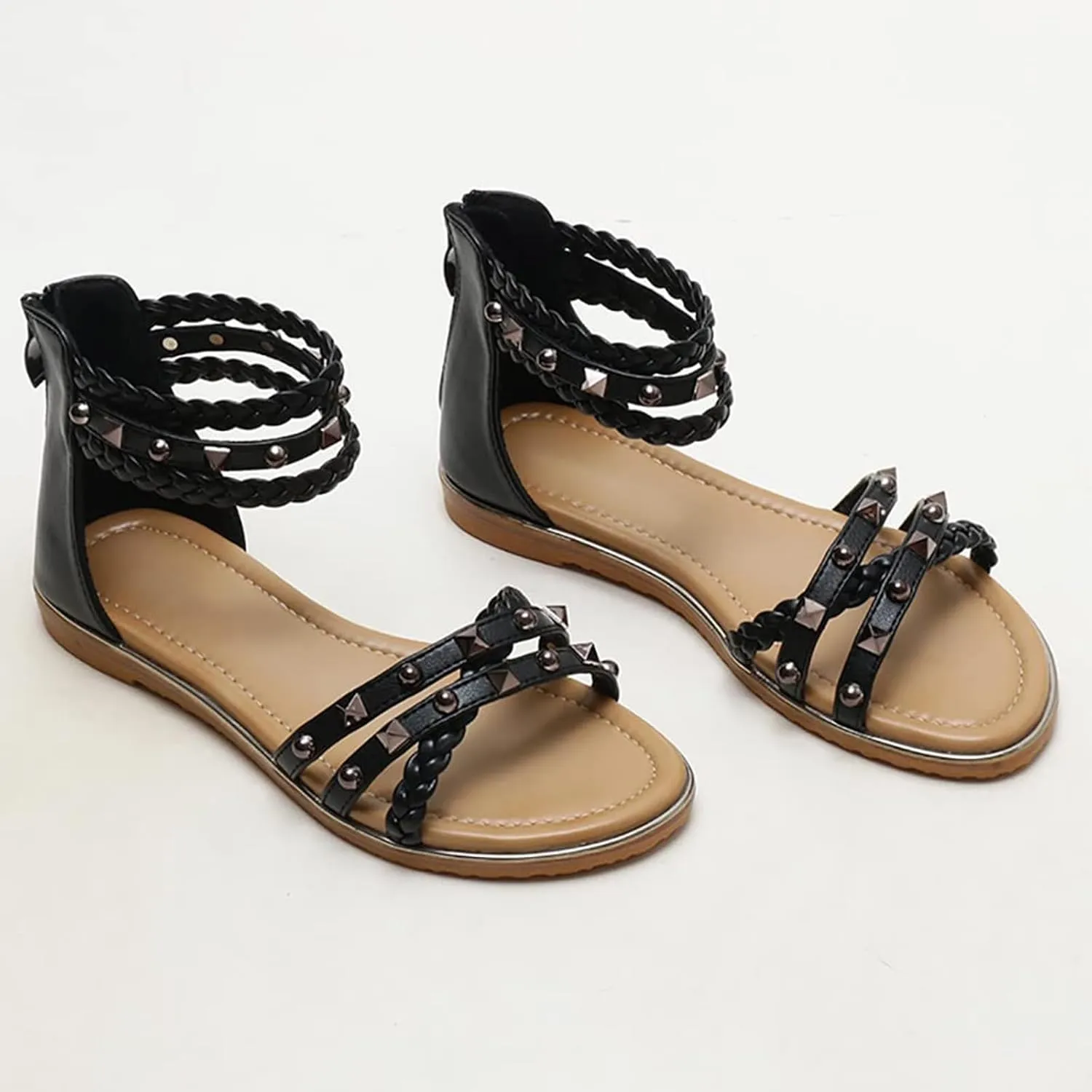Women's Rivet Strappy Open Toe Flat Sandals,Summer Braid Ankle Strap Beach Flat Gladiator Sandals Fashion Back Zipper Casual Roman Shoes