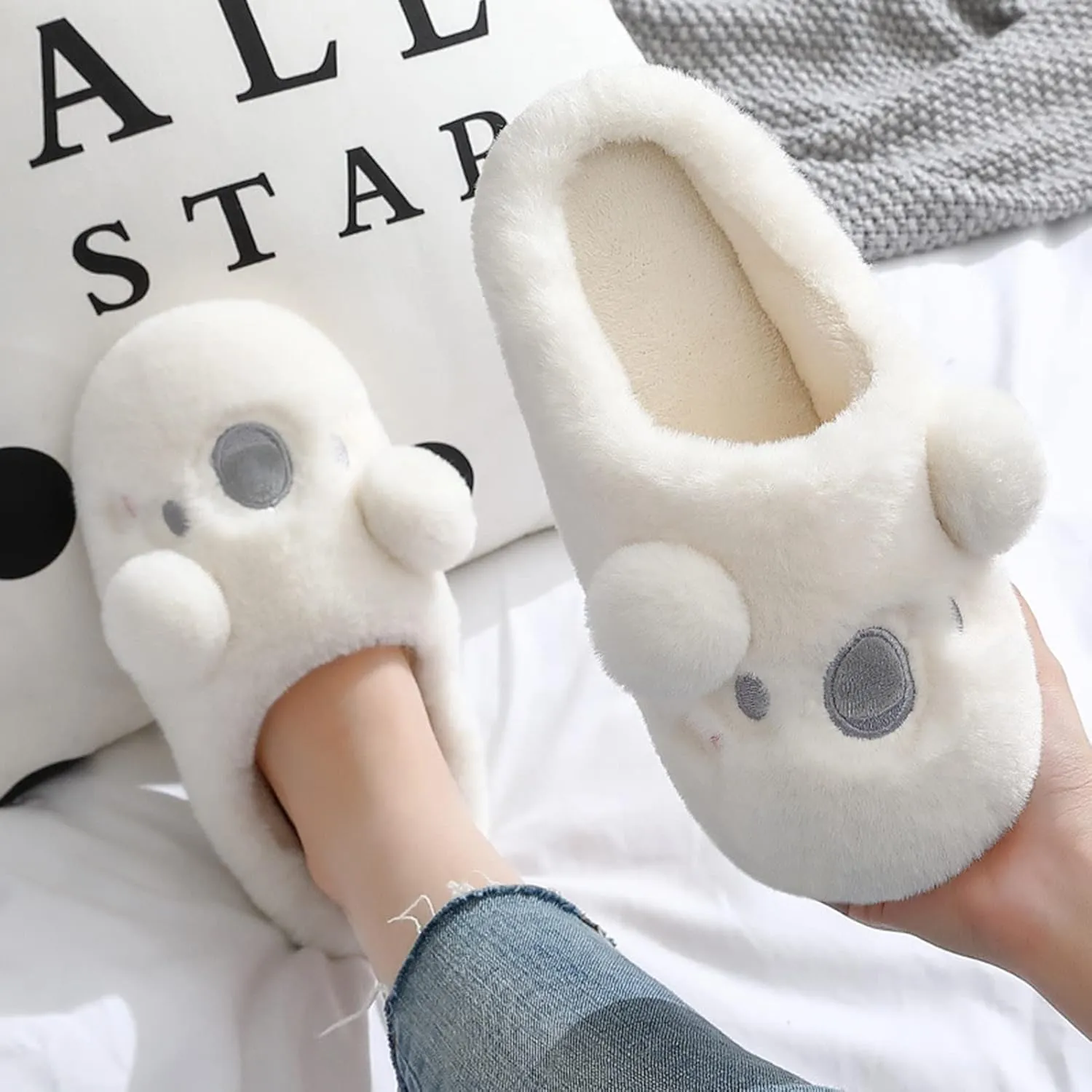 Womens Unisex Warm Fuzzy Soft Plush House Slippers Cute Sleeping Koala Animal Bedroom Home Shoes with Non-Slip Waterproof Rubber Sloe Indoor